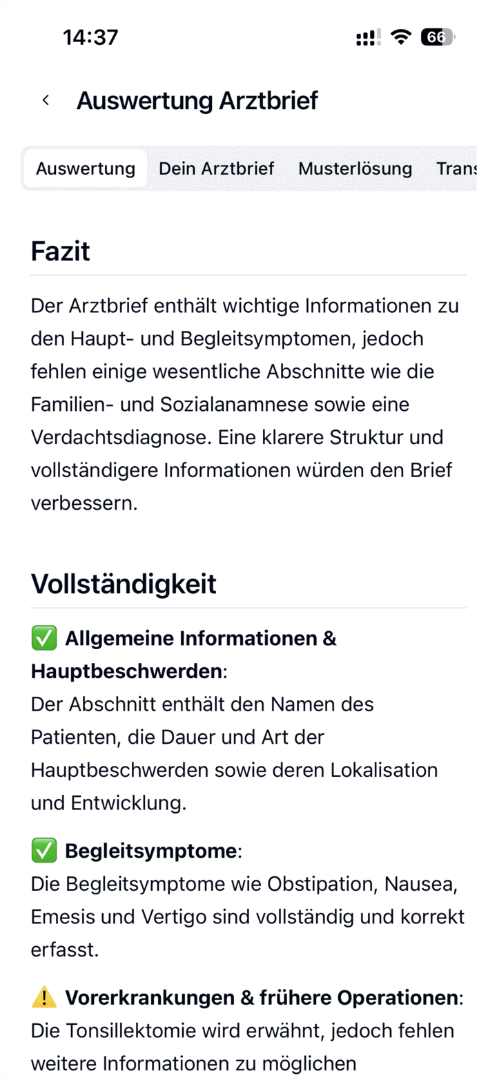 Strukturiertes Feedback zum Arztbrief in der medeKI App