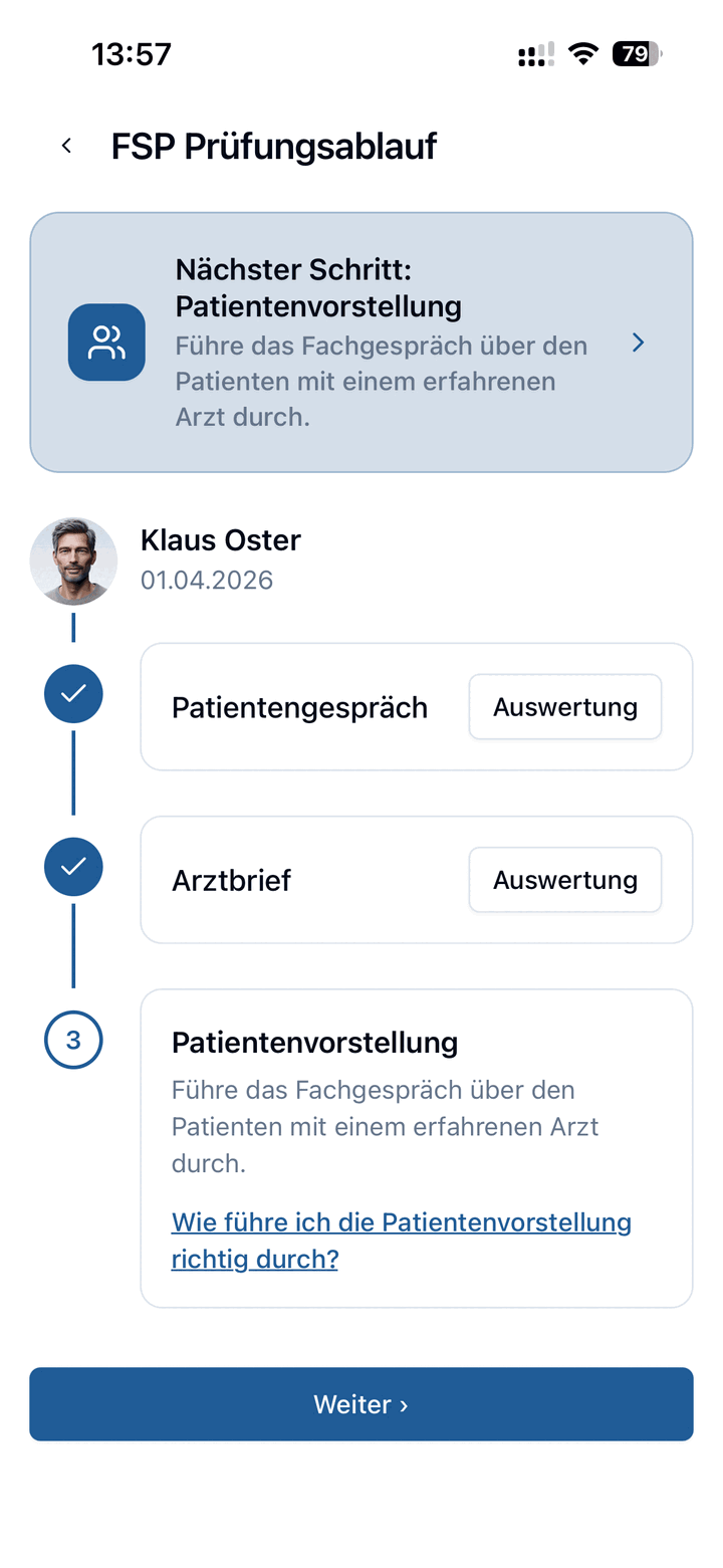 Prüfungsablauf der FSP mit allen Prüfungsteilen in der medeKI App