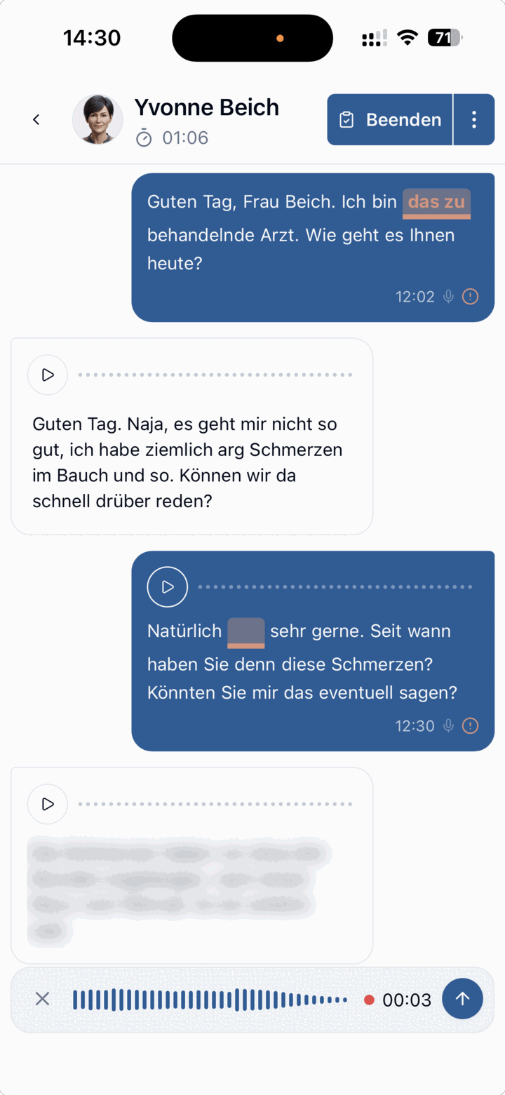 Simulation eines Patientengesprächs in der medeKI App